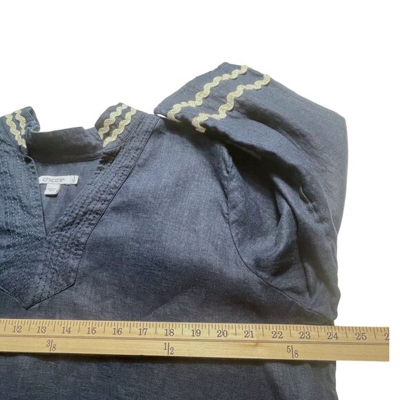 CHICO'S Rick Rack Trim Blouse Top Size 3 Size 16 Linen V-Neck Long Sleeve Navy - Picture 9 of 15